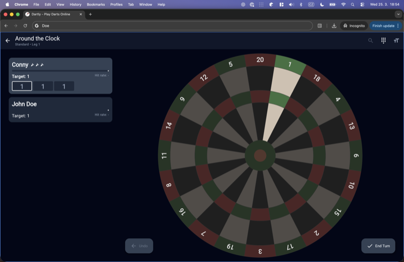Around the Clock game showing current target number and dartboard with highlighted segment