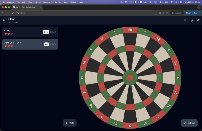 Killer darts game showing player lives, killer numbers, and kills