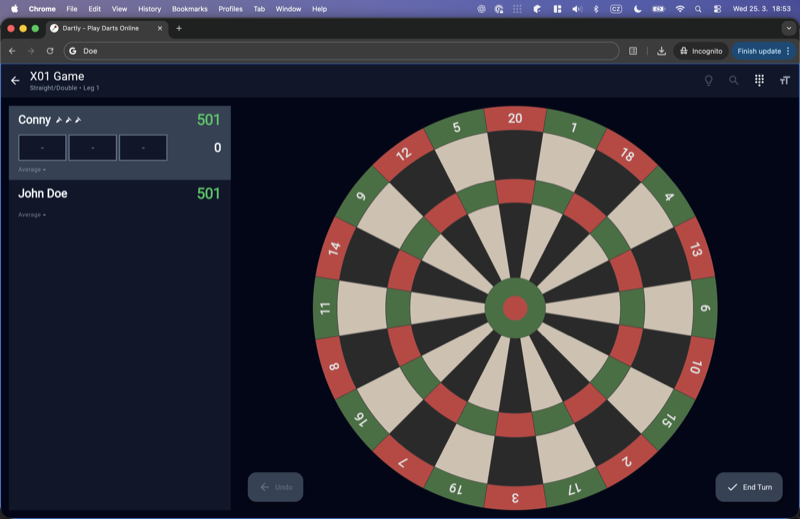X01 501 game with interactive dartboard showing player scores and dart indicators